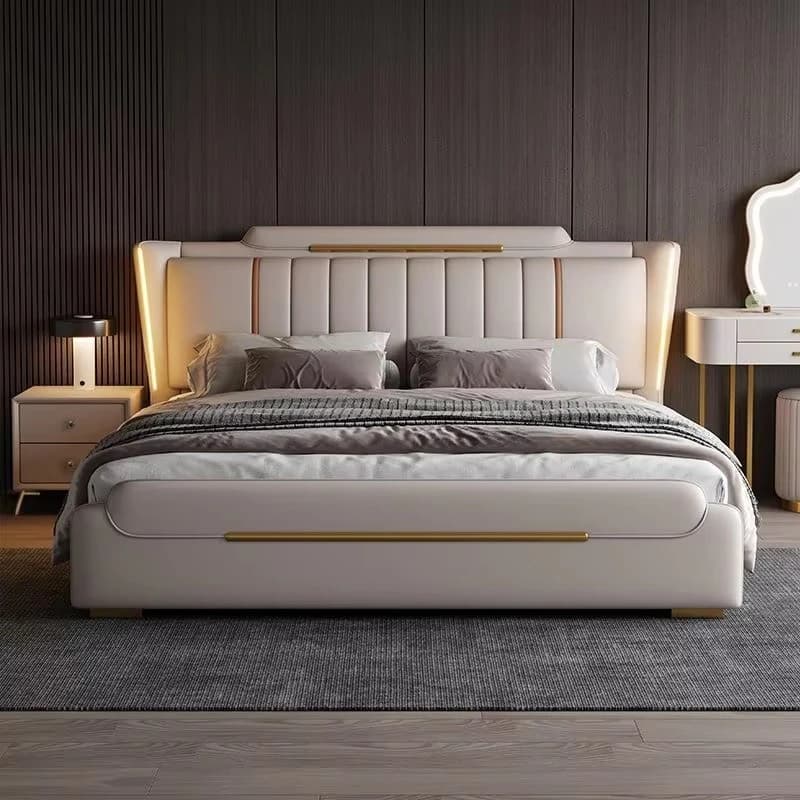 Premium upholstered leather queen bed frame with storage drawers, LED headboard, suitable for light luxury villa bedrooms