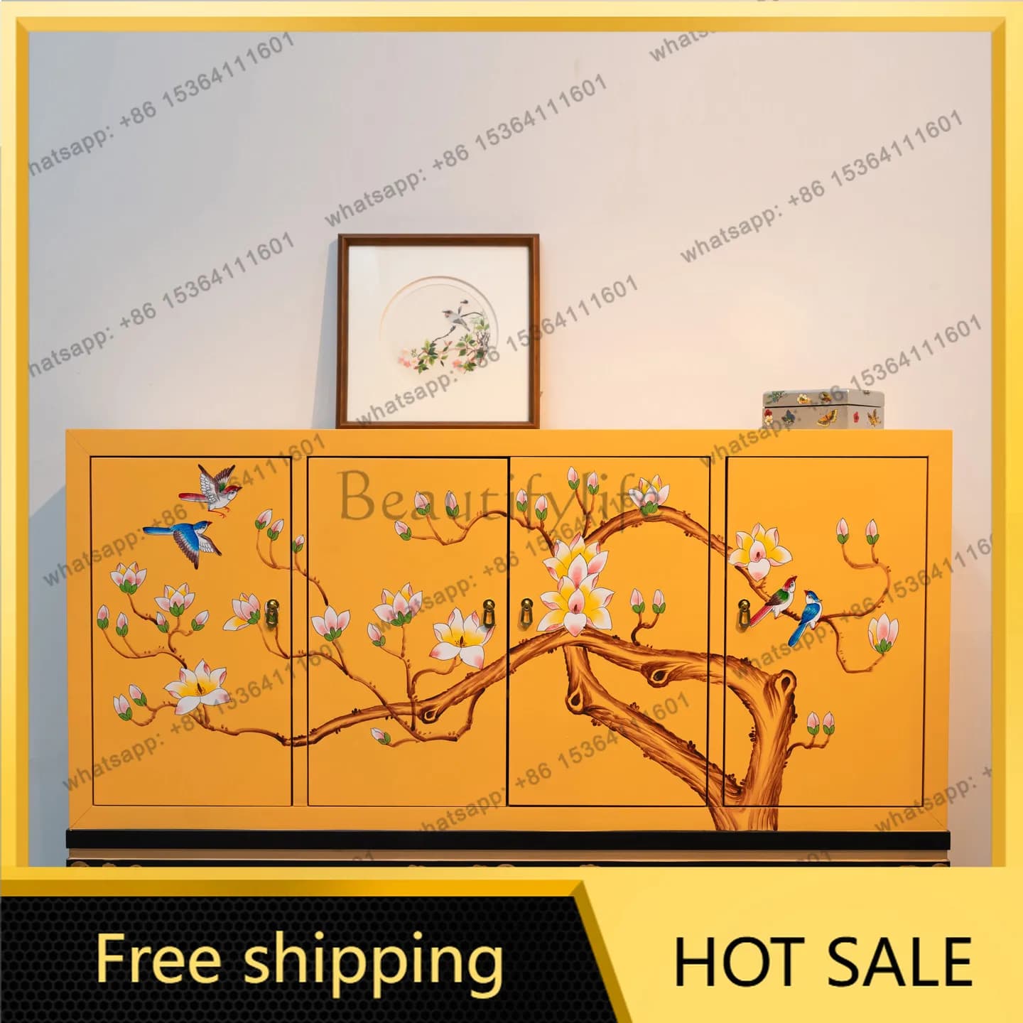 PJ New Chinese Hand-painted Sideboard Cabinet for Living Room Entryway Storage Cabinet