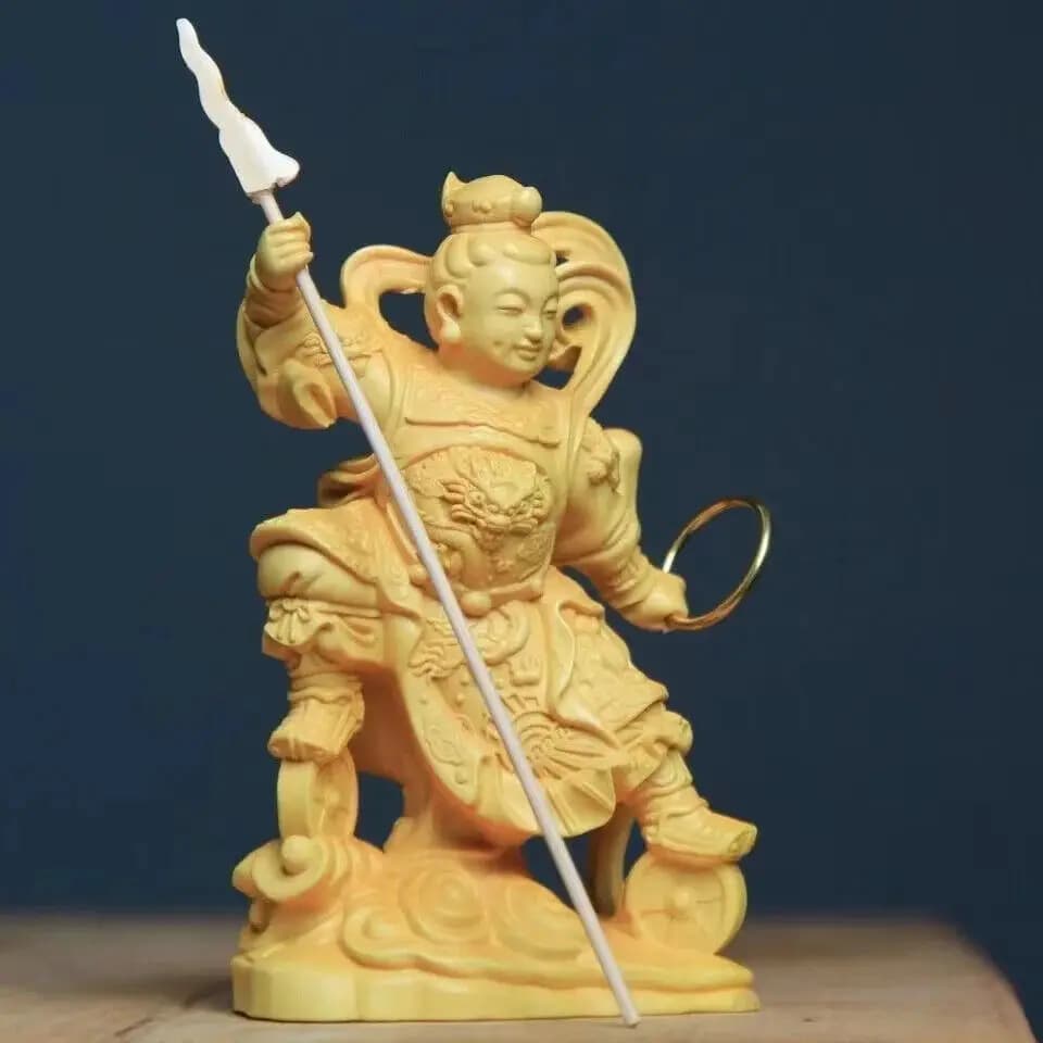 Wooden Nezha Mythical Figure Statue Hand Carving Lovely Living Decorations