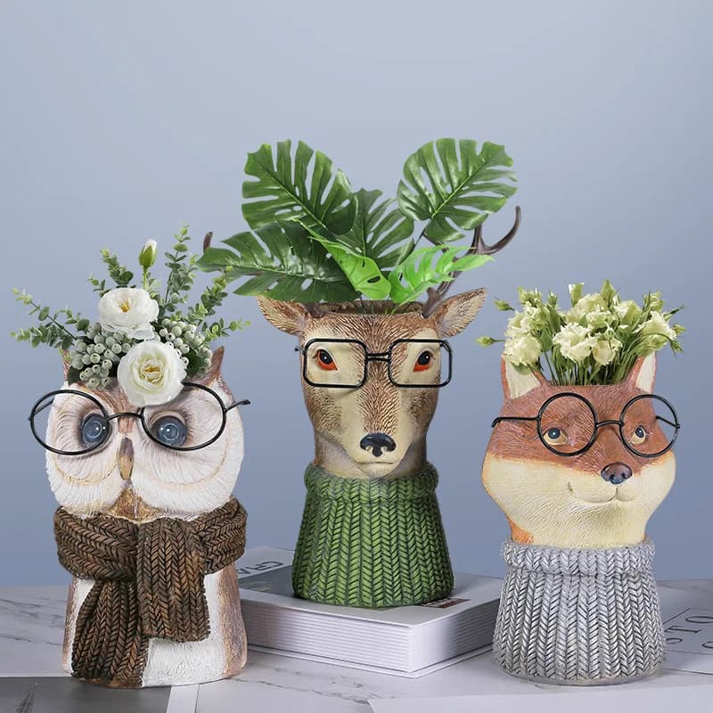 Resin Animal Flowerpots, Dry Vases, Home Decor, Owls, Deer, Suitable For Courtyard Gardens, Balconies, Living Rooms,Restaurants