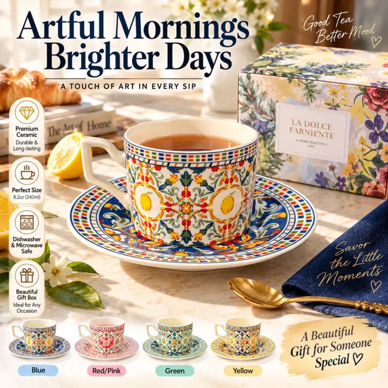 Floral Print Ceramic Coffee Cup With Saucer Set, Artistic Blue Floral Tea Mug For Home Kitchen Table Decor Women Holiday Gift