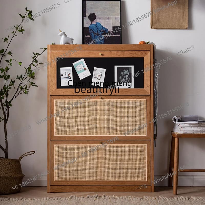 Nordic Solid Wood Flip-up Shoe Cabinet Ultra-Thin Cherrywood Rattan Furniture Storage Shoe Cabinet