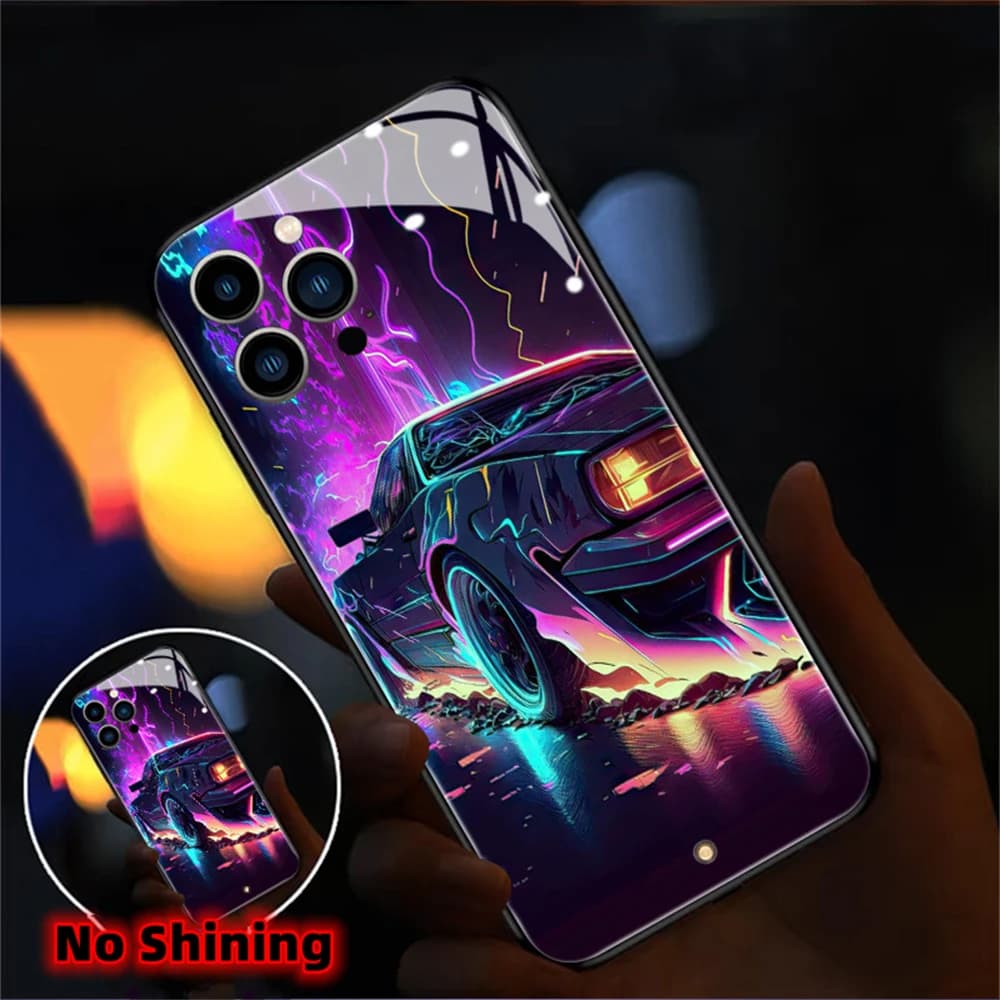 For iPhone Air 18 17 16 E 15 14 13 12 11 Pro Max Punk Car Smart LED Lighting Mobile Phone Case Glitter Back Cover