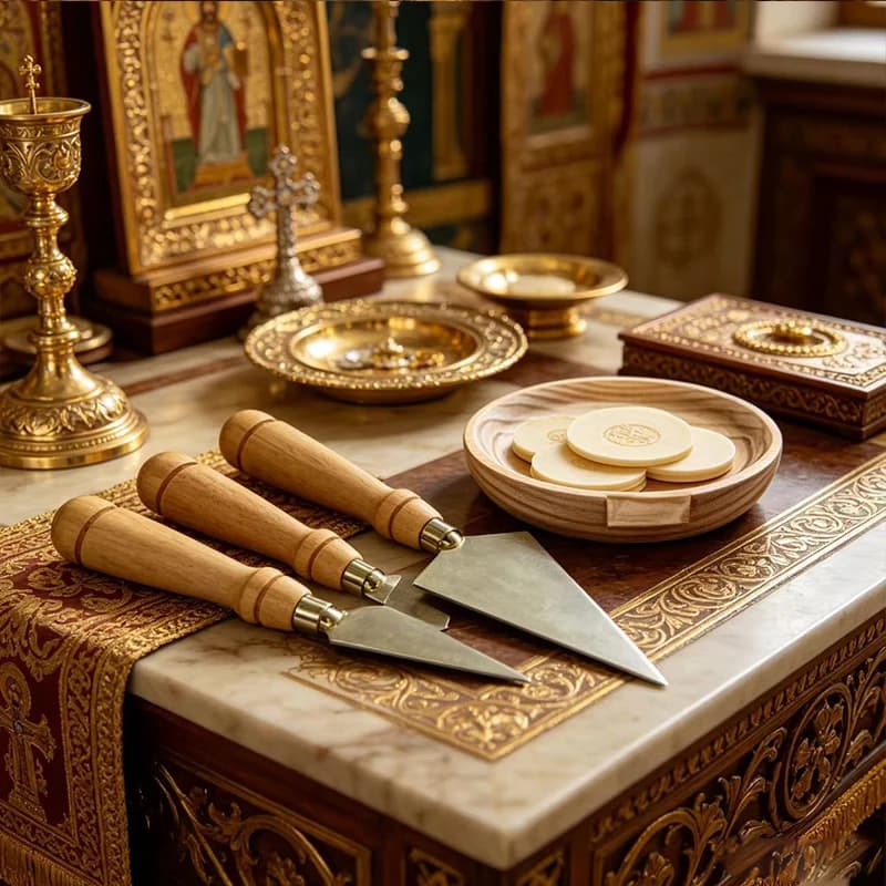 Byzantine Orthodox Holy Spear Set Liturgical Lance for Prosphora Bread with 18cm Wooden Tray Church Altar Tools Christian Gift
