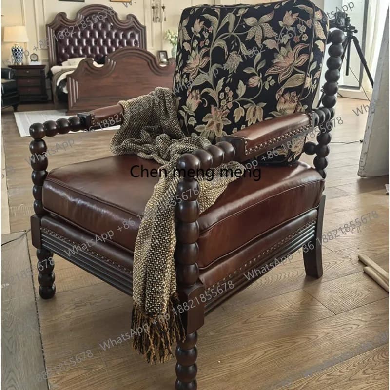 American all-solid wood single sofa pearl gourd leisure chair leather fabric French style