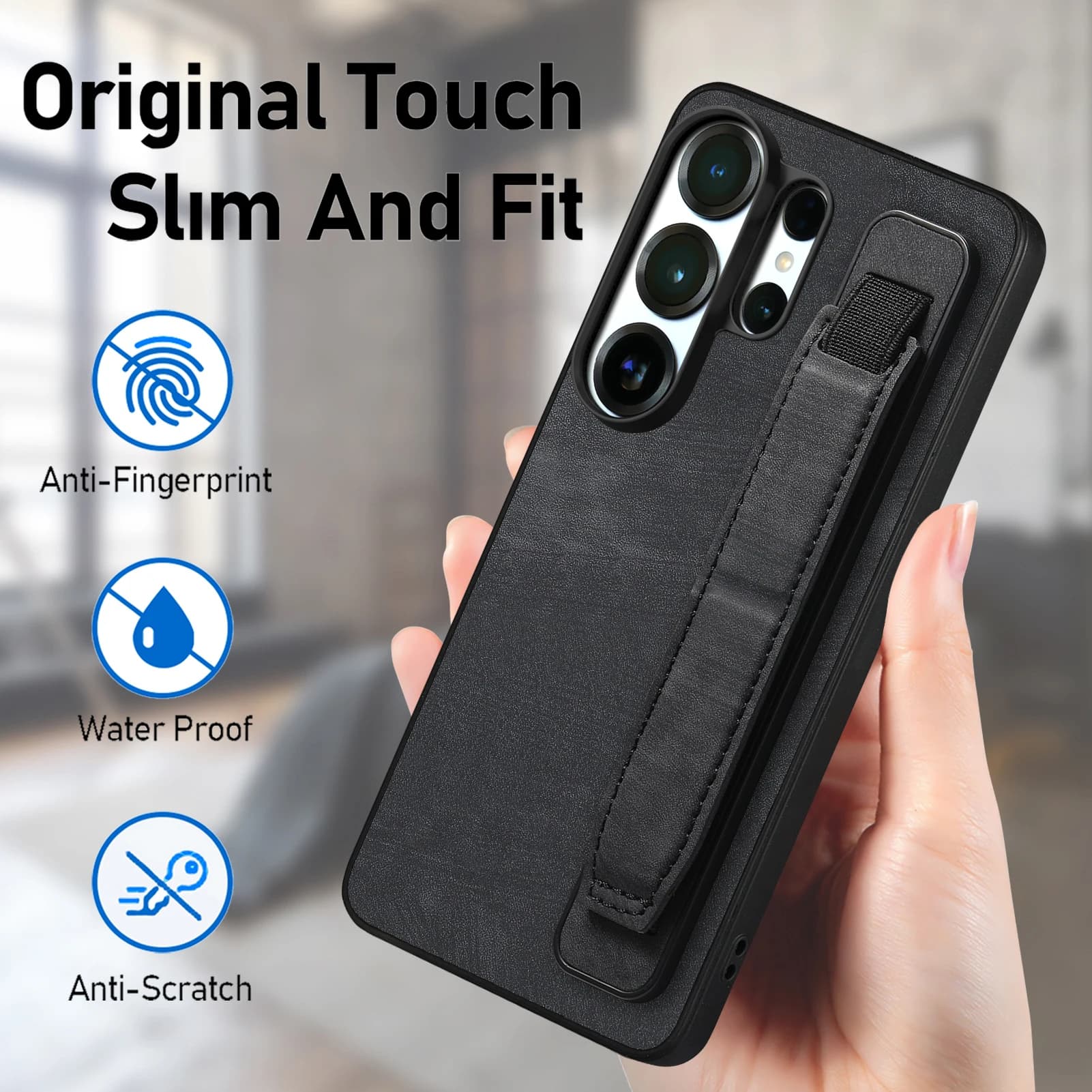 Luxury Plain Leather Matte Wristband Kickstand Holder For Samsung Galaxy S26 Ultra S26 S25 S24 S23 Ultra Case Shockproof Cover