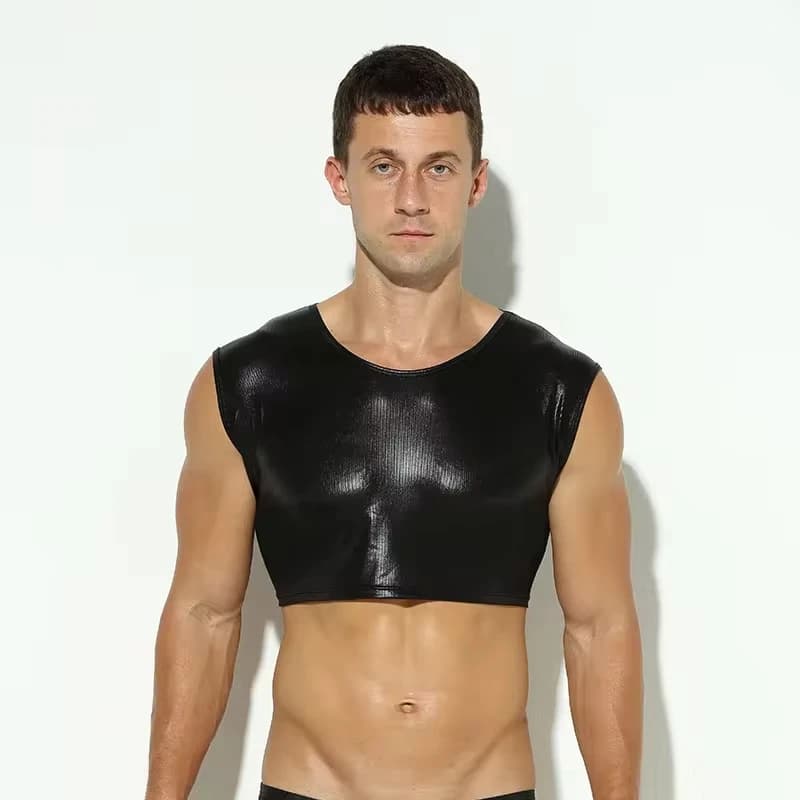 Mens Short Vest Sexy Leather Round Neck Sleeveless Stage Catwalk Tight Sports High Elastic Vest for Men