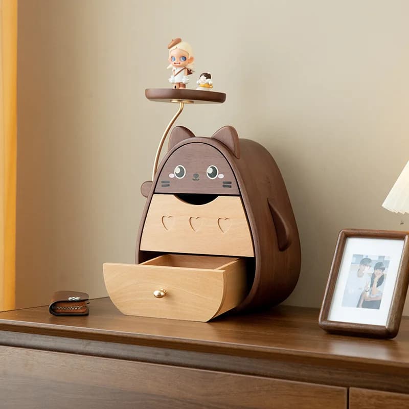 Desktop storage box, wooden drawer-type sundries sorting cute cartoon ornament