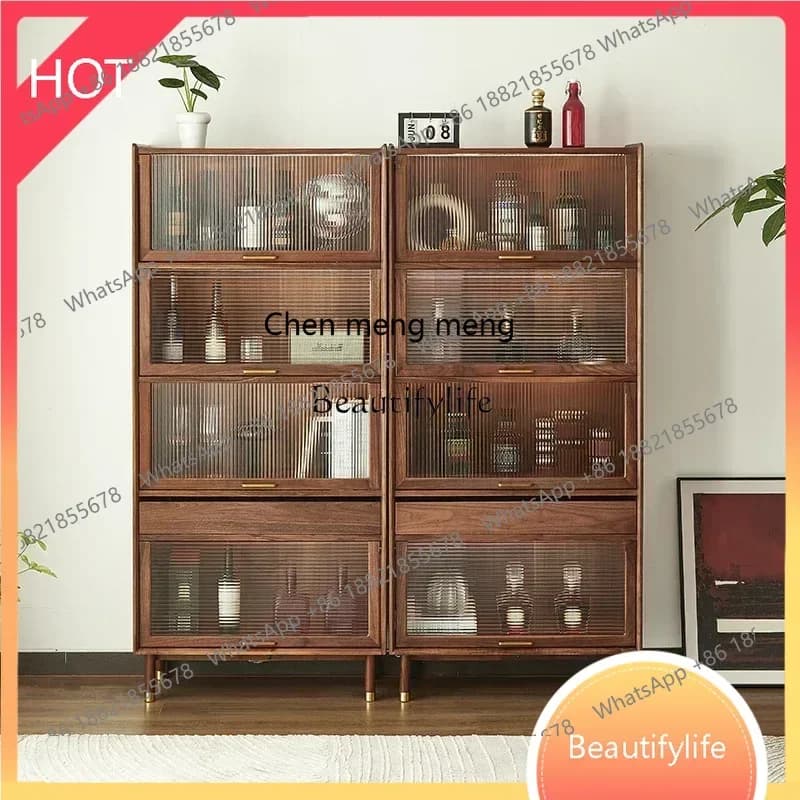 style NEWNordic black walnut bookcase living room solid wood dust glass display storage cabinet ss 8617
