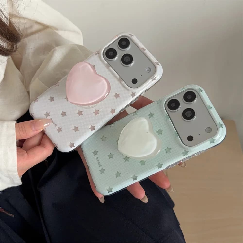 Cute Grid Star Print Magnetic stand Phone Case For iPhone 17 16 15 Pro Max 3D Glossy Heart Shockproof Cover for Magsafe Girls