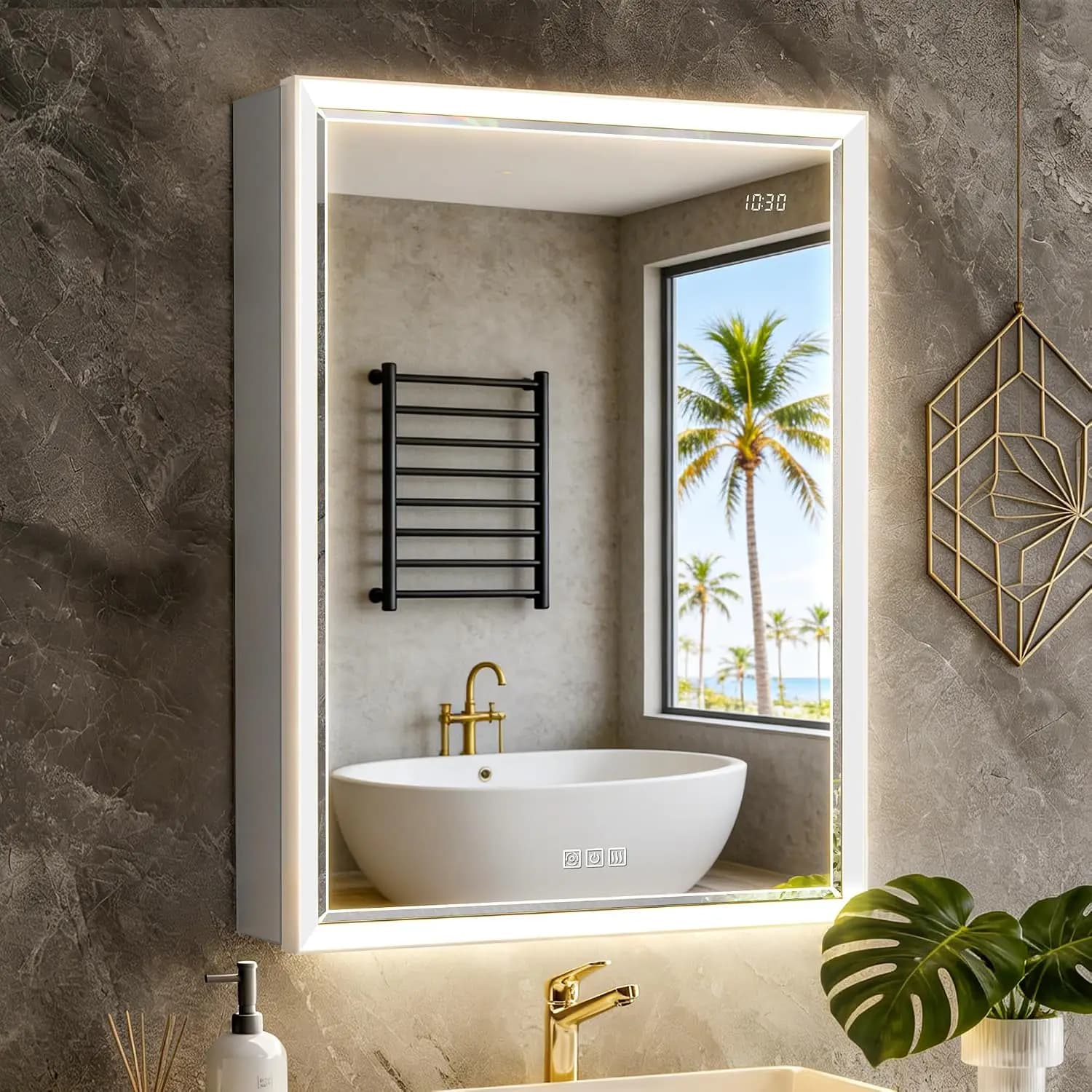 24x32 Lighted Medicine Cabinet with Beveled Mirror & Clock, Surface or Recessed Mirrored Medicine Cabinet with Dimmable Light
