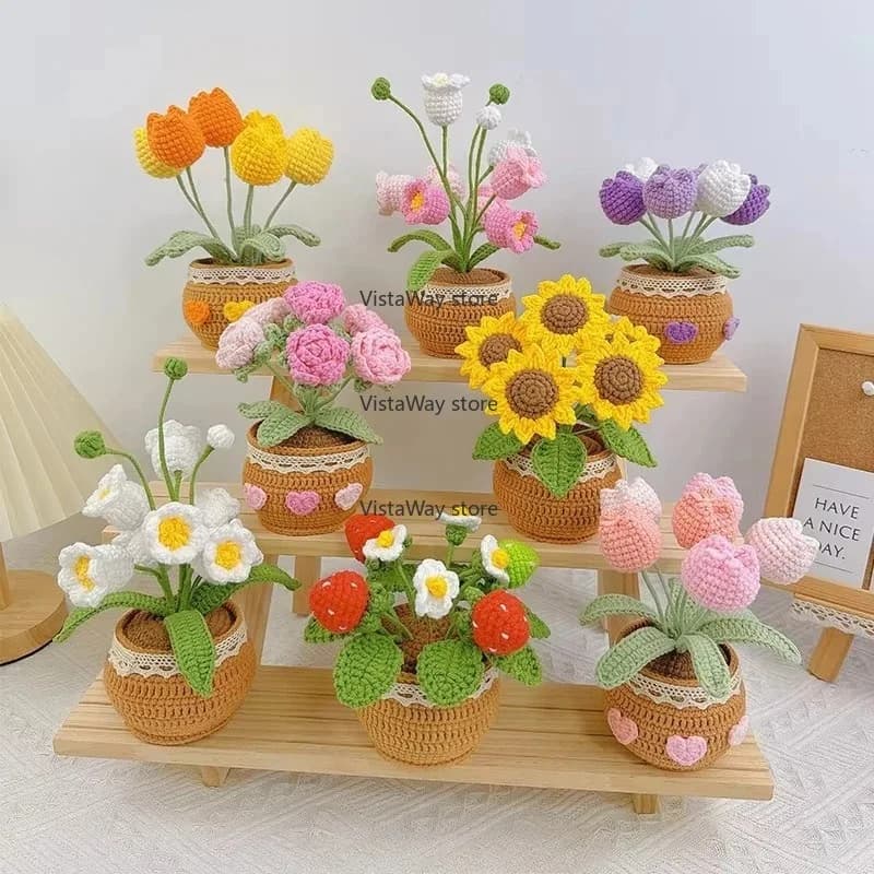 Home Decoration Finished Hand Crochet Potted Flowers Crochet Roses Daisies Sunflowers Potted Plants