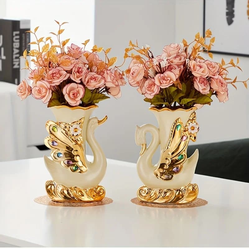 2 Elegant Swan Shaped Ceramic Vases With Gold Accents - European Living Room Decoration Vase, For Dried And Artificial Flowers,