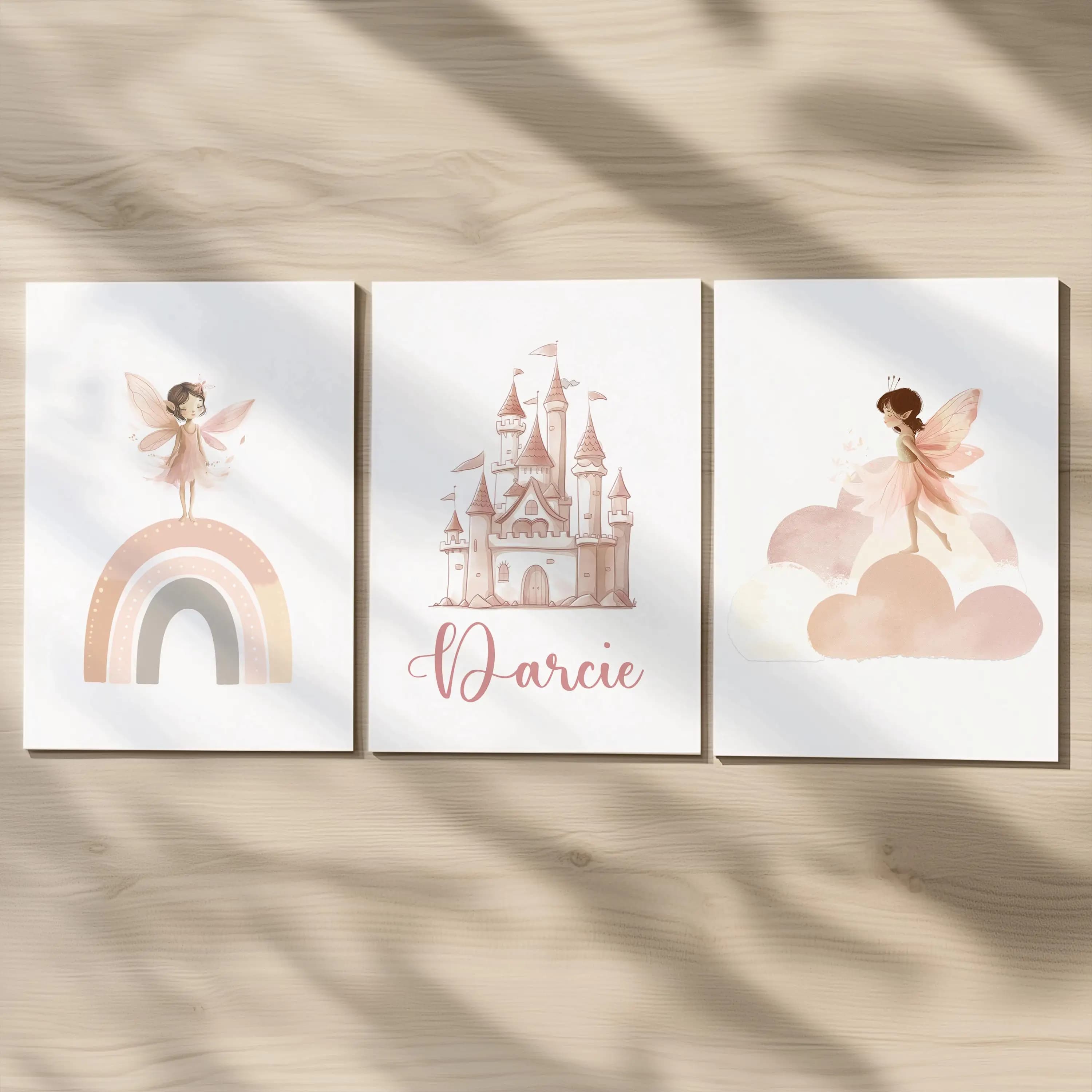 Pink Fairy Personalised Prints Childs Custom Name Poster Blush Princess Decor Wall Art Gift for Nursery Bedroom or Playroom
