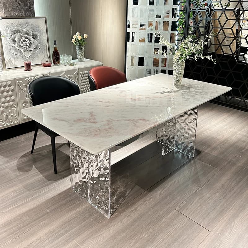Any Size Custom Floating Pink Luxury Stone Table Acrylic Base French Cream Style Designer Dining Table Villa Home Heat Stain Pro
