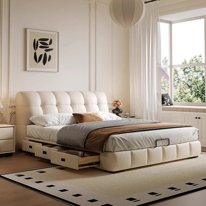 French Cream Style Puff Leather Bed Master Bedroom High-end and Atmospheric 180cm Double Bed Modern and Simple Storage Cama Home