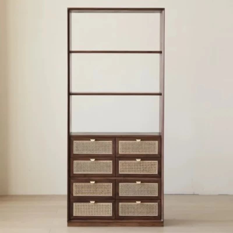 LLMM Nordic all-solid wood combination bookcase, simple rattan floor storage cabinet