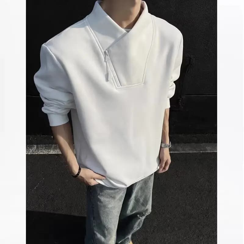 Slanted Half Zipper Sweatshirt Men's Winter Front Shoulder Long Sleeved T-shirt Gray High Neck Base Shirt