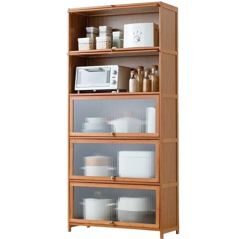 Kitchen Shelf Floor to Floor Multi-layer Storage Rack with Door Bowl Cabinet Storage Cabinet Microwave Rack Solid Wood