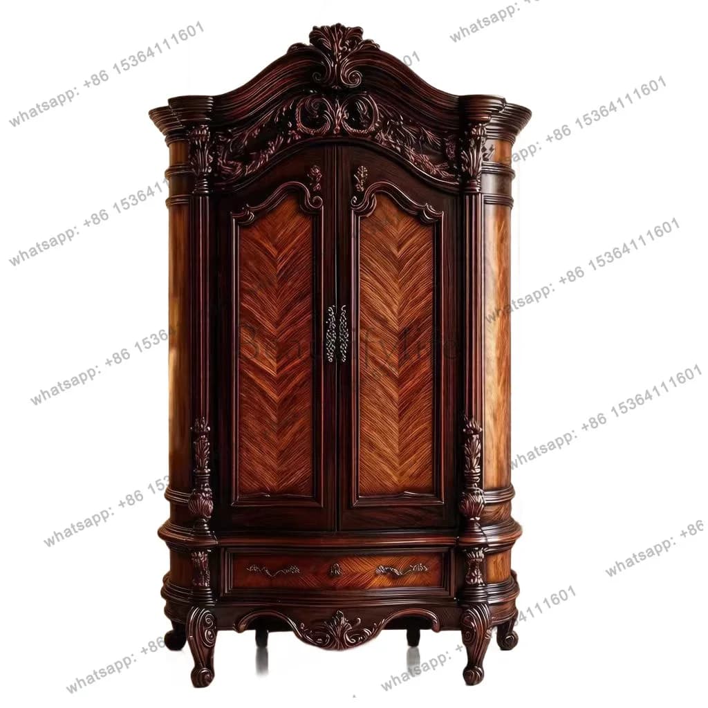 American rural full solid wood carving flower four doors double door wardrobe retro storage high-end hanging wardrobe