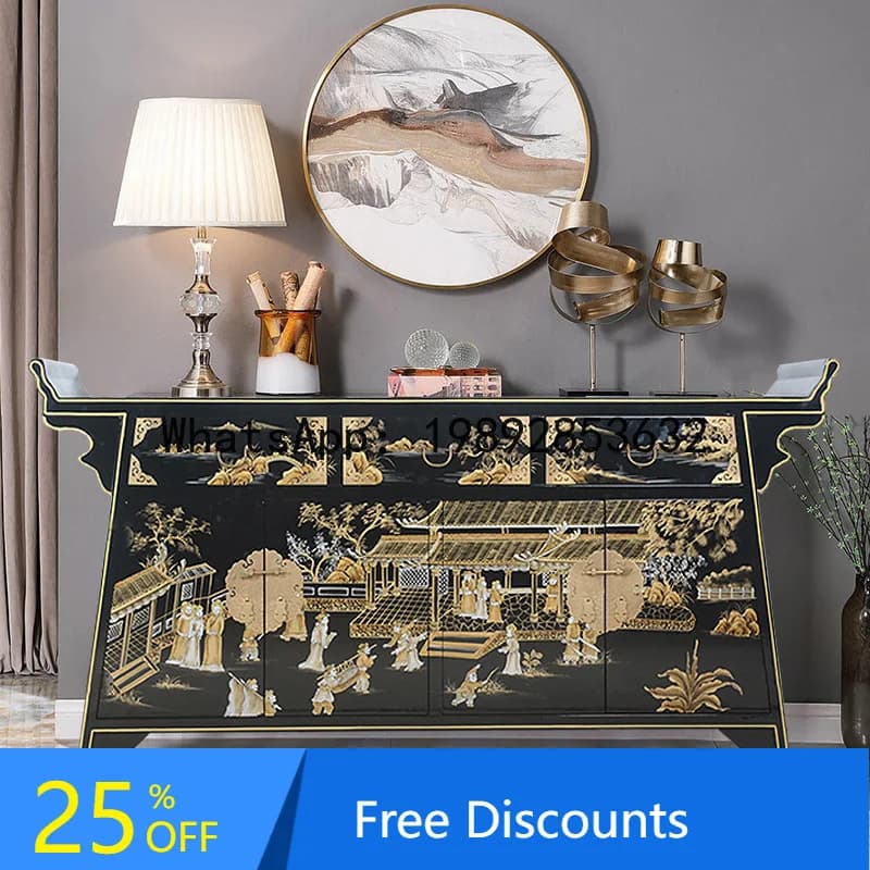 CZ  Antique Hand-painted Entrance Cabinet Qingming Riverside Scene Decorative Cabinet Raised Head Gold-painted   Wood Sideboard