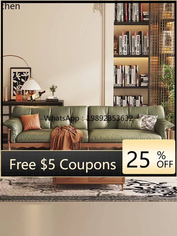 retro fabric sofa combination solid wood leather sofa living room simple straight row leather sofa