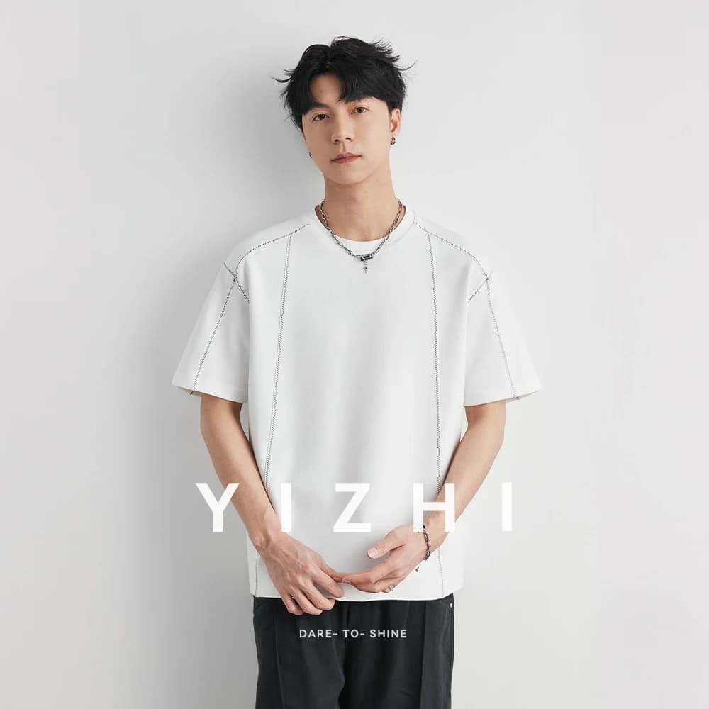Men's Heavyweight 240g Stitch Trim Split Short Sleeve T-shirt 2026 Summer Crew Neck Loose Drop Shoulder Casual Versatile Top