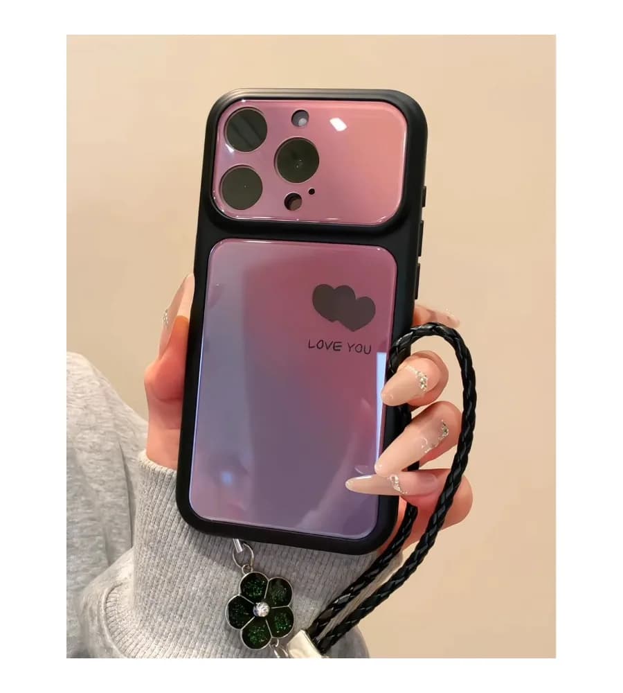 Purple Double Window Mirror Phone Case For iPhone 12 13 14 15 16 17 Love Heart Print With Four-Leaf Clover Lanyard Soft Cover