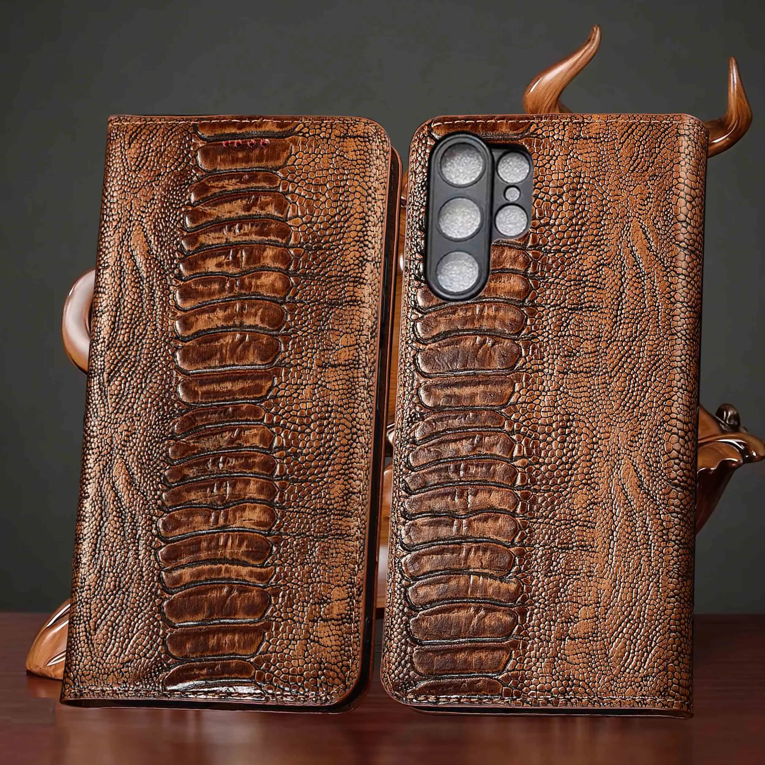For Samsung Galaxy S20 S21 S22 S23 S24 S25 S26 Edge Plus Ultra FE Ostrich Feet Pattern Of GenuineLeather Flip Phone Case Cowhide