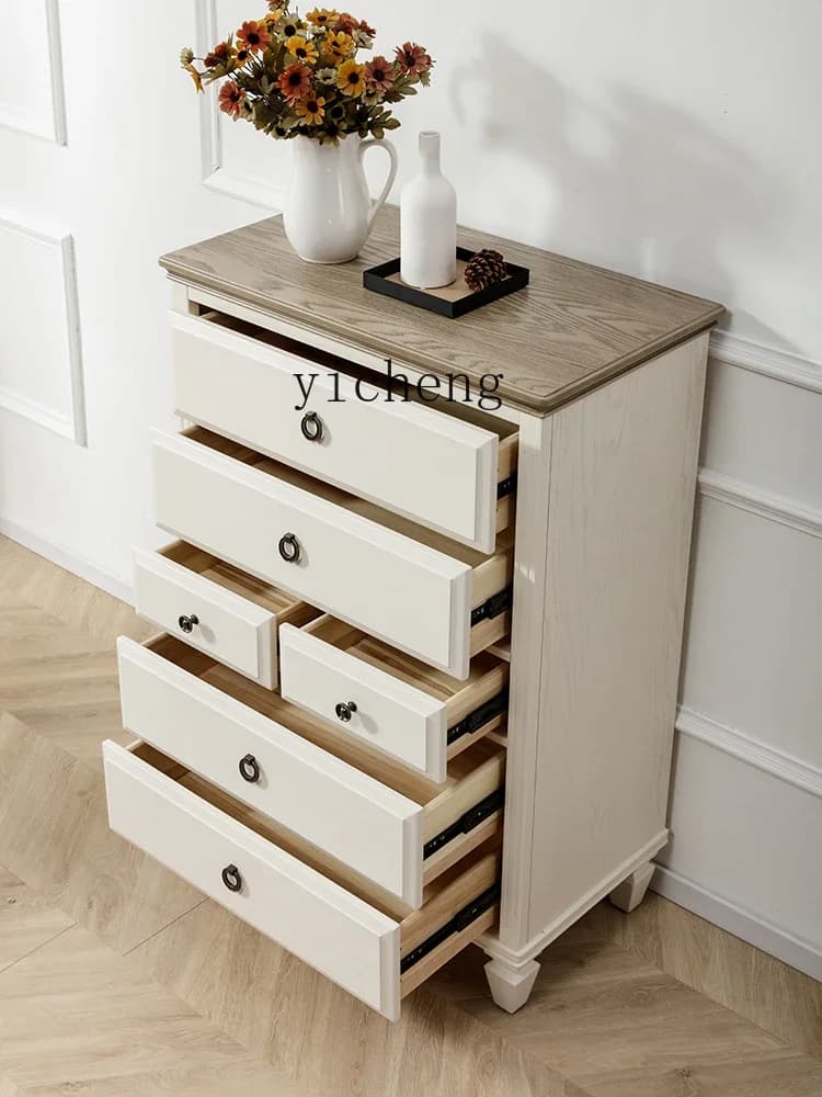 v7 pure solid wood light luxury chest bedroom living room Mediterranean locker white retro vertical cabinet