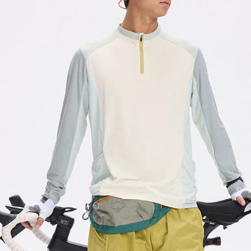 Sunscreen Quick Drying Cool Riding Long Sleeved T-shirt Half Zipper Neutral Style Color Blocking Retro Casual Sports Running Top