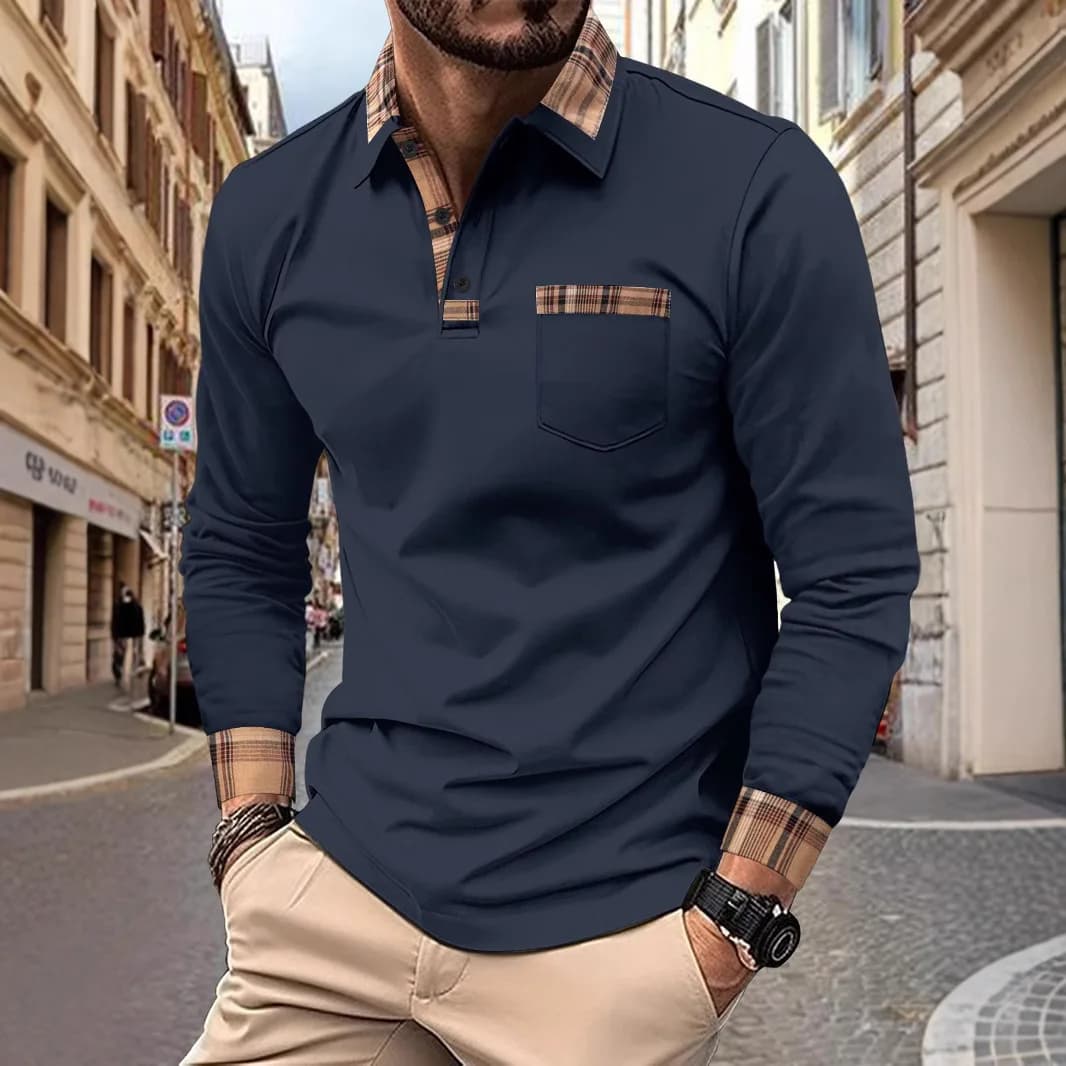 Autumn Men's Polo shirt Fashion Plaid Lapel Long sleeve Pocket Comfortable Outdoor Golf polo shirt Men's Casual T-shirt top