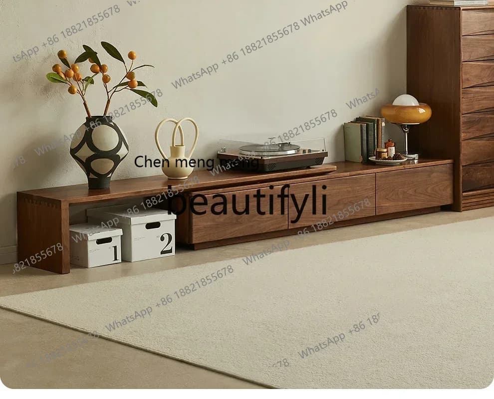 D178 Black walnut telescopic TV cabinet 2025 new floor TV cabinet legless living room locker