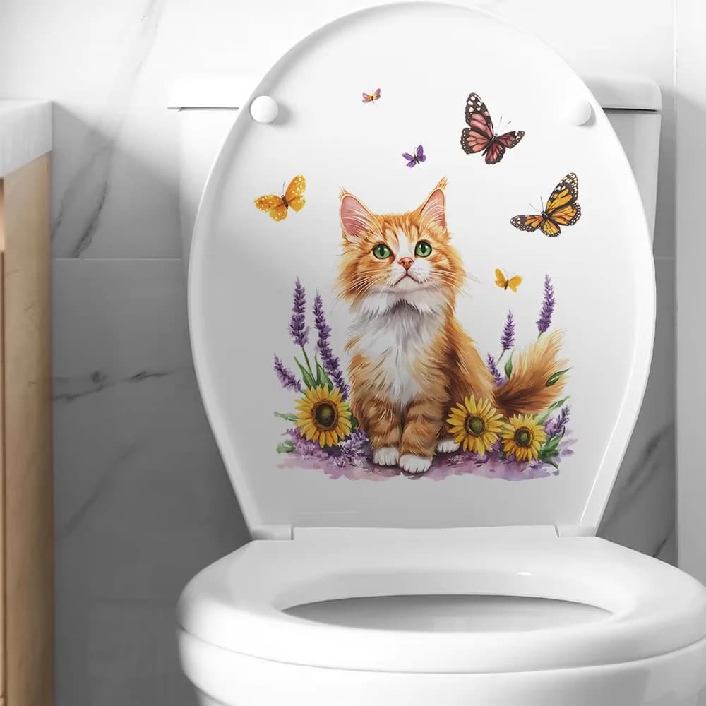 Cartoon Cat Flower Butterfly Wall Stickers Self-Adhesive Decals for Bathroom Toilet Living Room Cabinet Home Decor A390