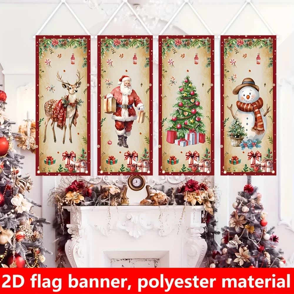 1set 4pcs Christmas Set Party Supplies, 40x102cm Polyester Fabric Banner Party Packs, Ideal For Winter Holiday Christmas Decor