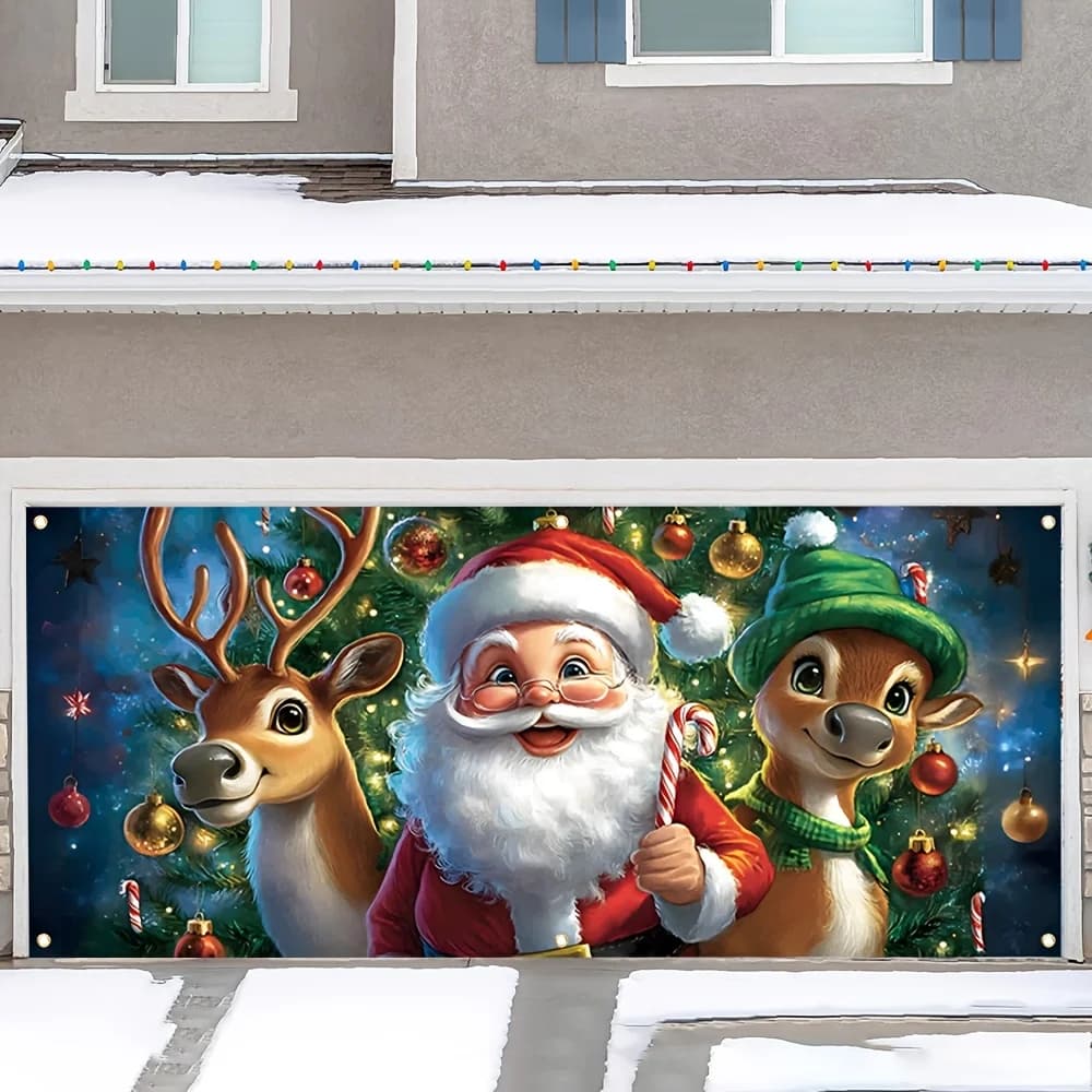 1pc 2D FLAT Large Christmas Banner, Christmas Garage Door Banner - Santa & Reindeer Design, 157x71 Inch Polyester Cover Banner
