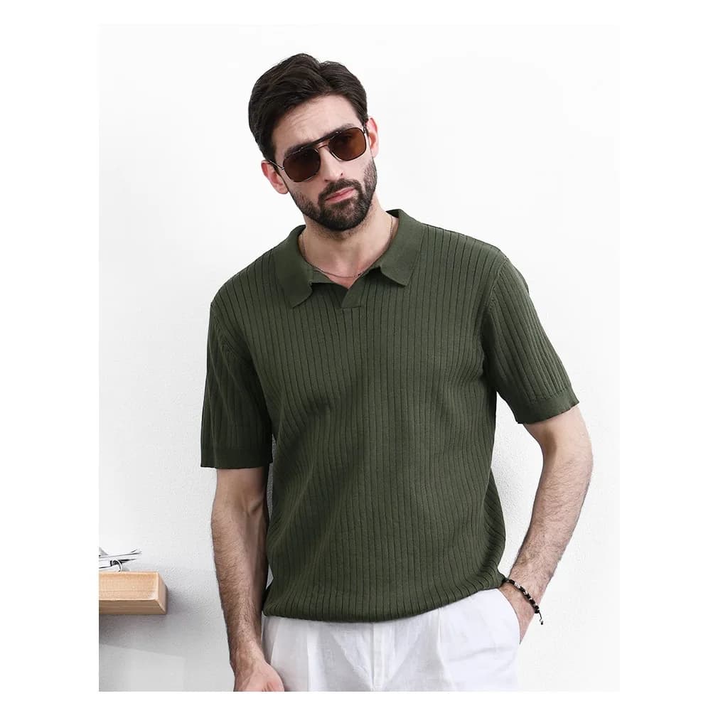 2026 Lapel Men's Knitted Polo Shirt Short-sleeved Summer Thin Vertical Striped Slim-fit Casual Elastic T-shirt