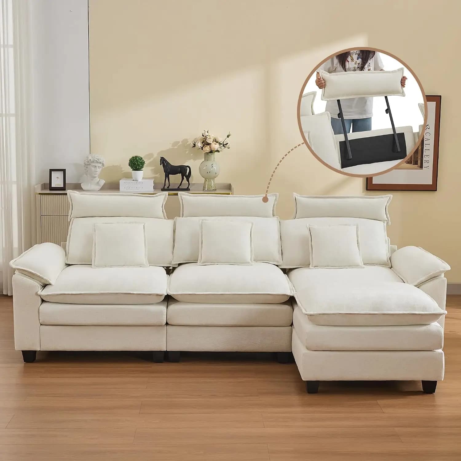 103'' Cloud Modern 3 Seater Couch with Detachable Headrest, Modular Sectional Sofa with Ottoman, Oversized L Shape, Customized