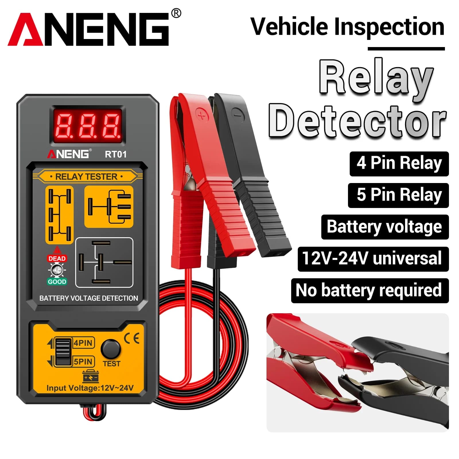 ANENG RT01 Automotive Relay Tester 12V 24V Car Battery Diagnostic Tool 4Pin 5Pin Voltage Checker LED Indicator Auto Repair Tool