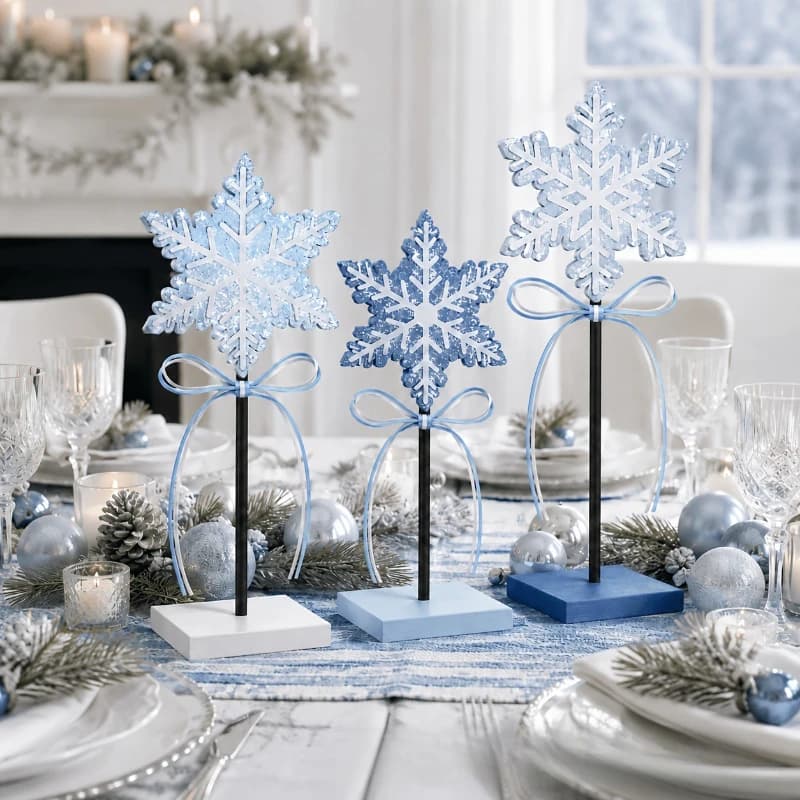 New Christmas Snowflake Wooden Stand Tabletop Decor – Festive Winter Snowflake Ornament Display