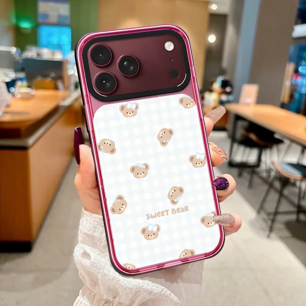 Simple Checkerboard Teddy Bear Impact Case - Mirror / Glaze Magnetic Cover: Compatible with IPhone 18 17 Pro Max 18Pro