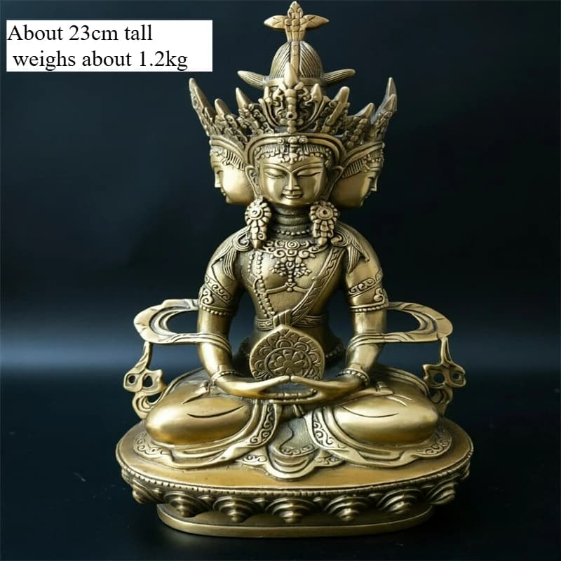 Exquisite Brass Tibetan Tantric Four-Faced Longevity Buddha Statue Living Room Desktop Feng Shui Ornament Collectible Craft Gift
