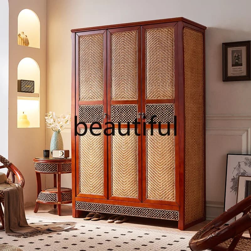 Classic mahogany three-door wardrobe Chinese-style household bedroom solid wood wardrobe beech partition hanging wardrobe