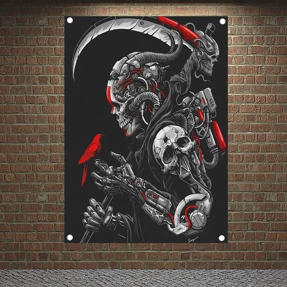 Grim Reaper and Bird Banners Skull Tattoo Art  Flags Canvas Painting Bar Home Decor Scary Bloody Posters Tapestry Wall Hanging