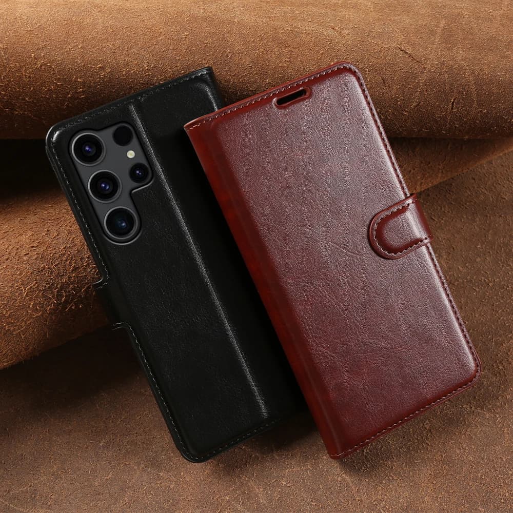 Luxury Crazy Horse Leather Flip Case For Samsung Galaxy S26 Ultra S25 Plus S24 FE S23 S22 S21 S20 Phone Case Cover S 26 S26Ultra