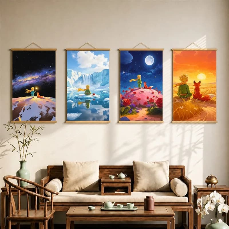 Room Decorations Dreaming Child Under Stars, Soft Storybook Pearlescent Canvas Hanging Scroll Decor for Childrens Bedroom