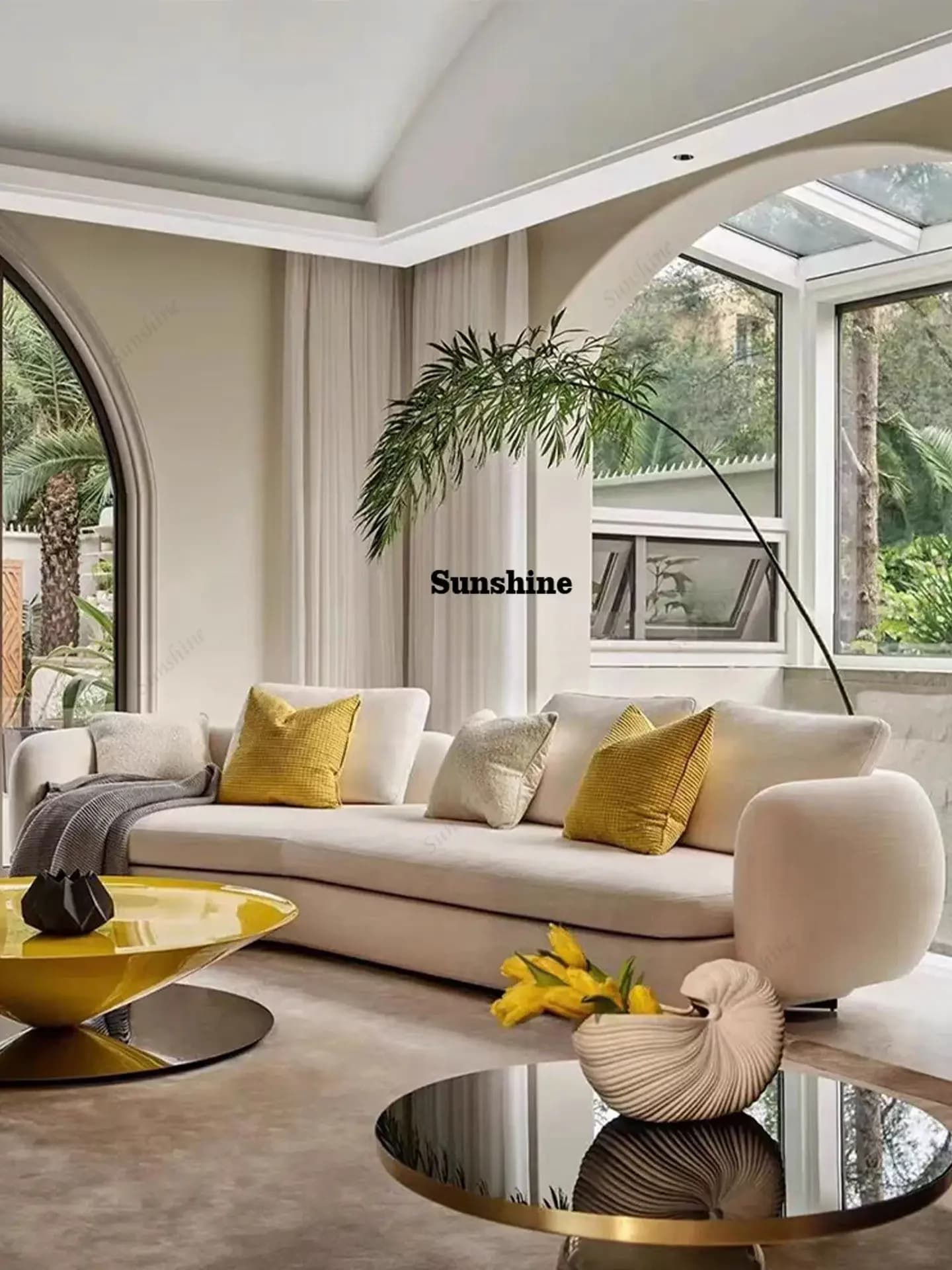 YItalian minimalist small apartment inline living room curved cream vellow fabric sofa