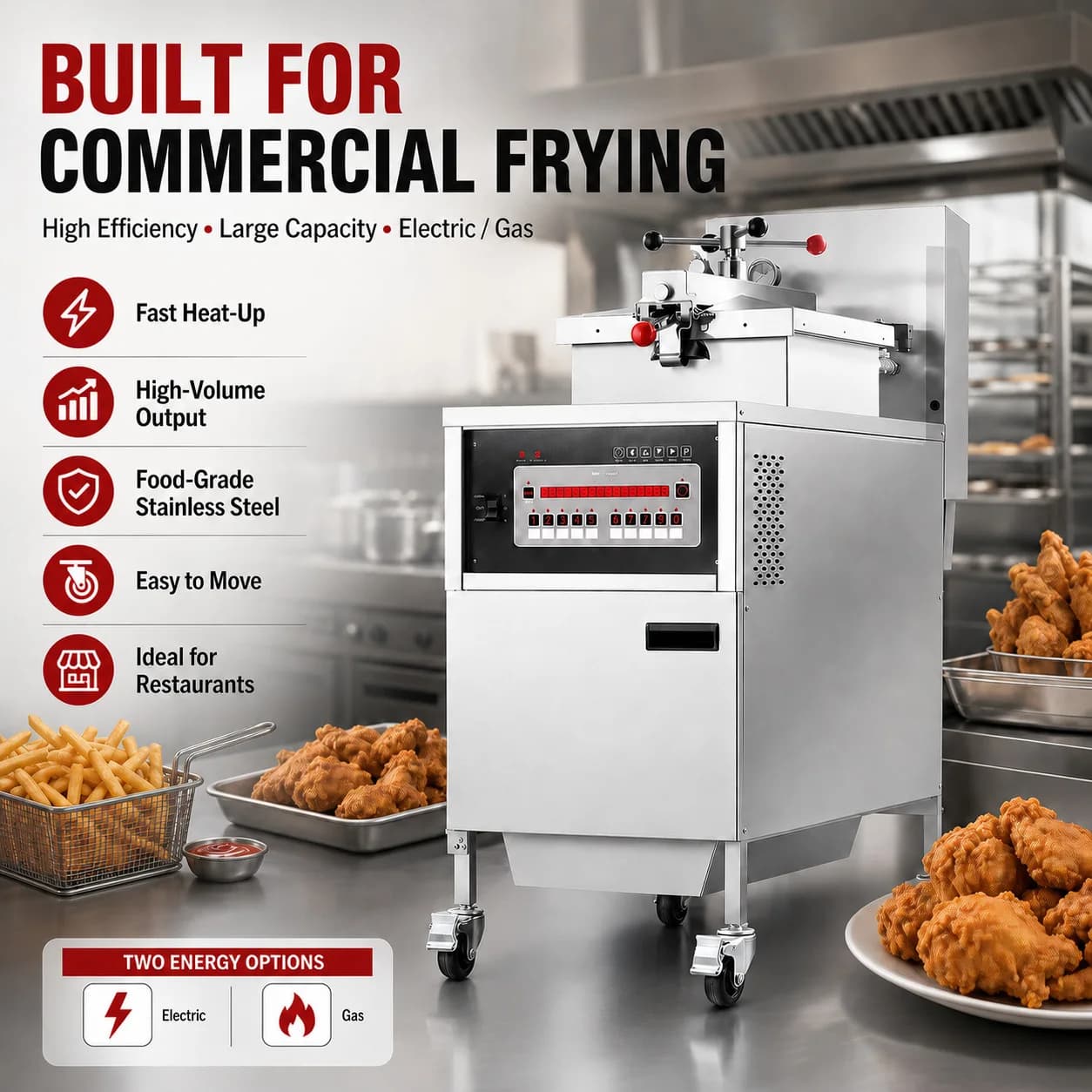 American pressure , commercial electric , gas fryer, pressure , fried chicken thighs and duck legs fried chicken