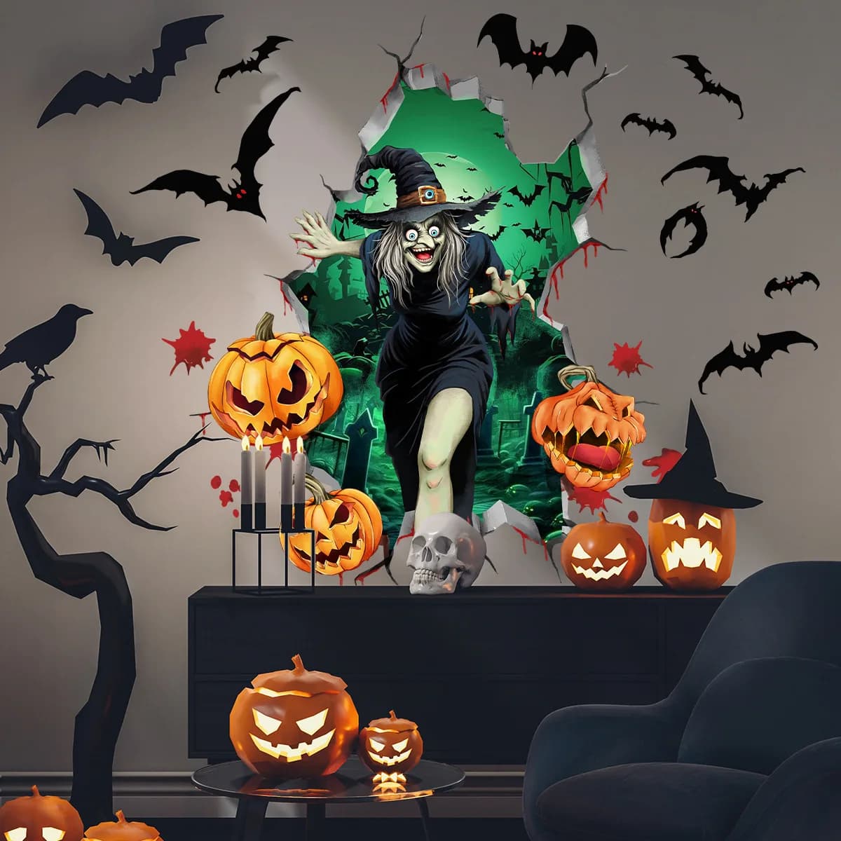 Halloween 3D Wall Decals - Shattered Witch & Flying Pumpkin Phantom with Bats