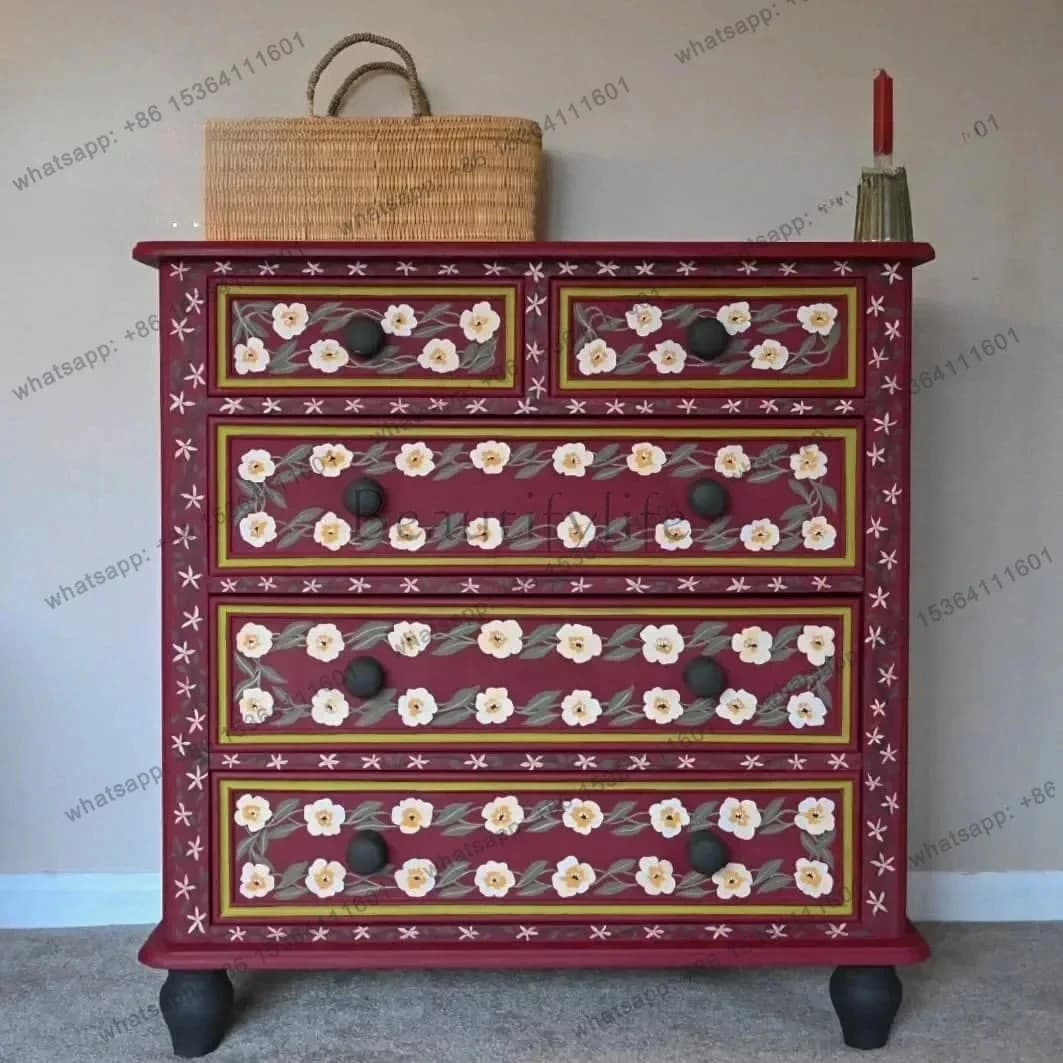 yj21 French Retro Solid Wood Hand-painted Art Chest Of Drawers American Simple Homestay Bedroom Storage Cabinet